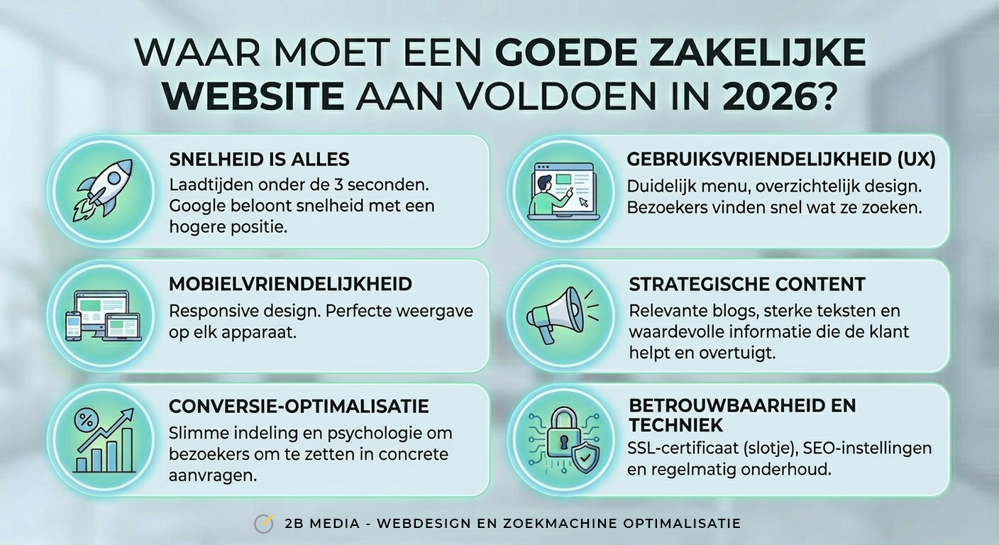 Infographic blog post: Waar moet een goede zakelijke website aan voldoen in 2026.